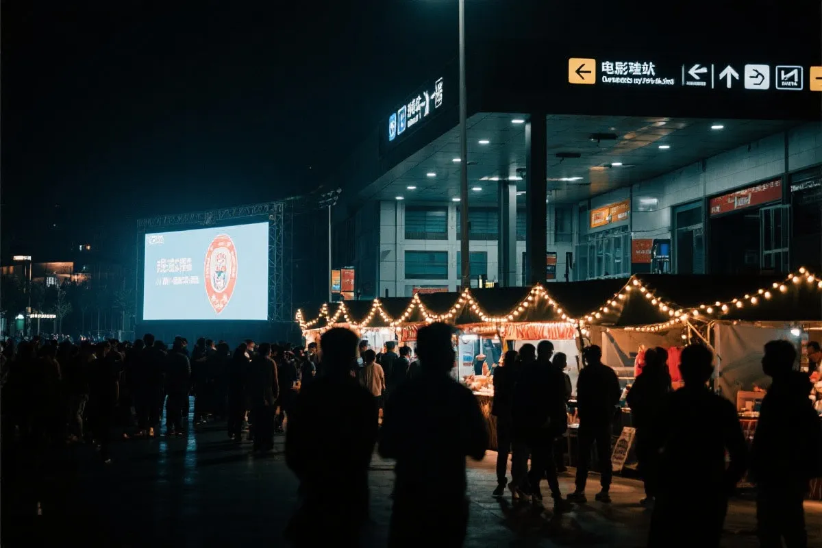 费城球迷广场夜景：大屏观赛人群、步行指示牌与公共交通入口